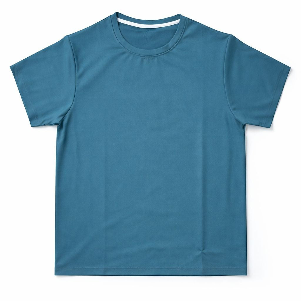 wearanake blue crew neck short sleeve t-shirt with subtle texture and white trim on collar